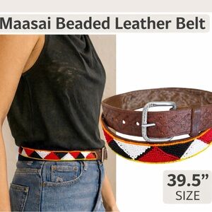 Handmade Maasai Beaded Leather Belt Multicolor Geometric Boho Western | 39.5”